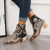 Retro Embroidered Cowboy Ankle Boots Block Heel Western Booties Oshnow